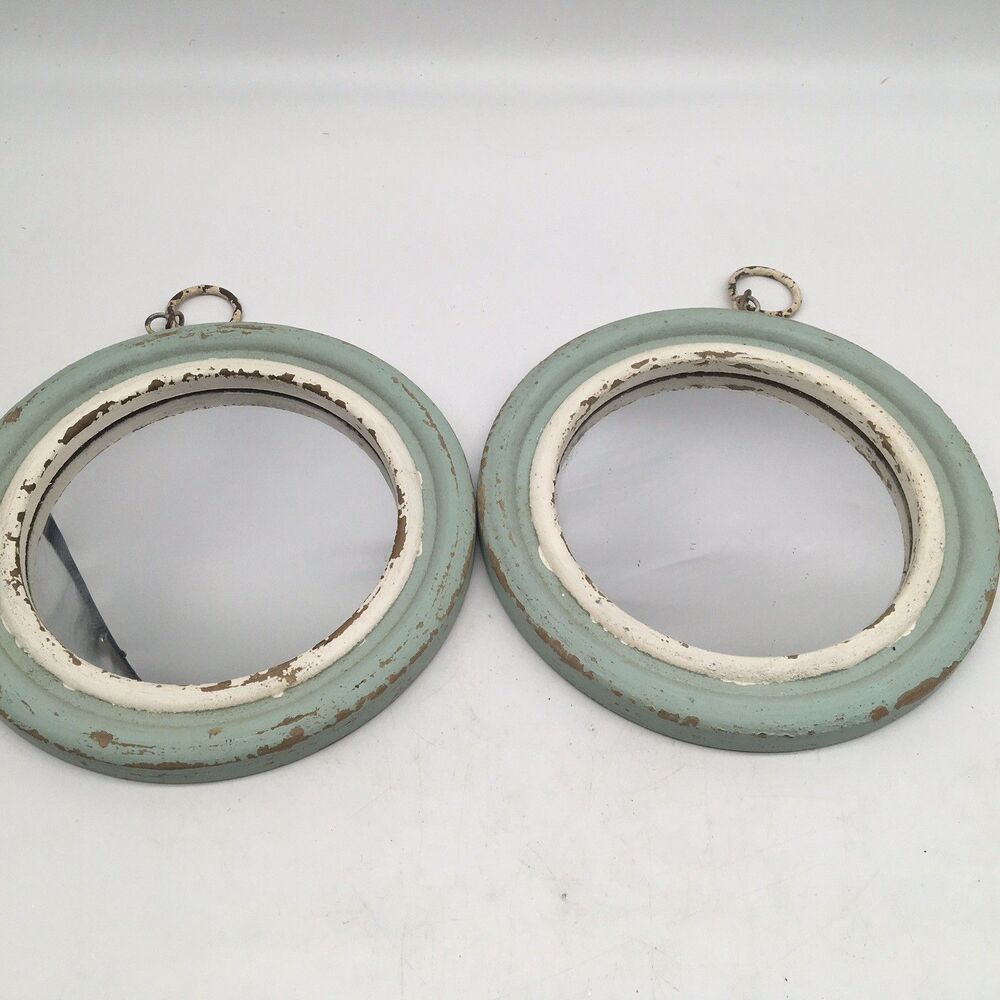 2 Distressed Wood Frame Round Shaped Mirror Wall Hanging French Blue Shabby Chic